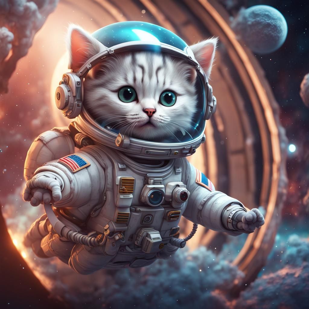 Cute kitten astronaut in space adventure