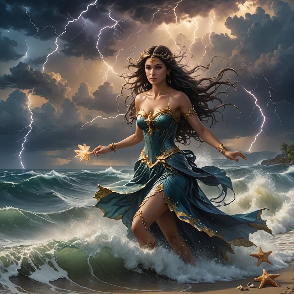Fairy Emerges from Raging Sea in Photorealistic Style