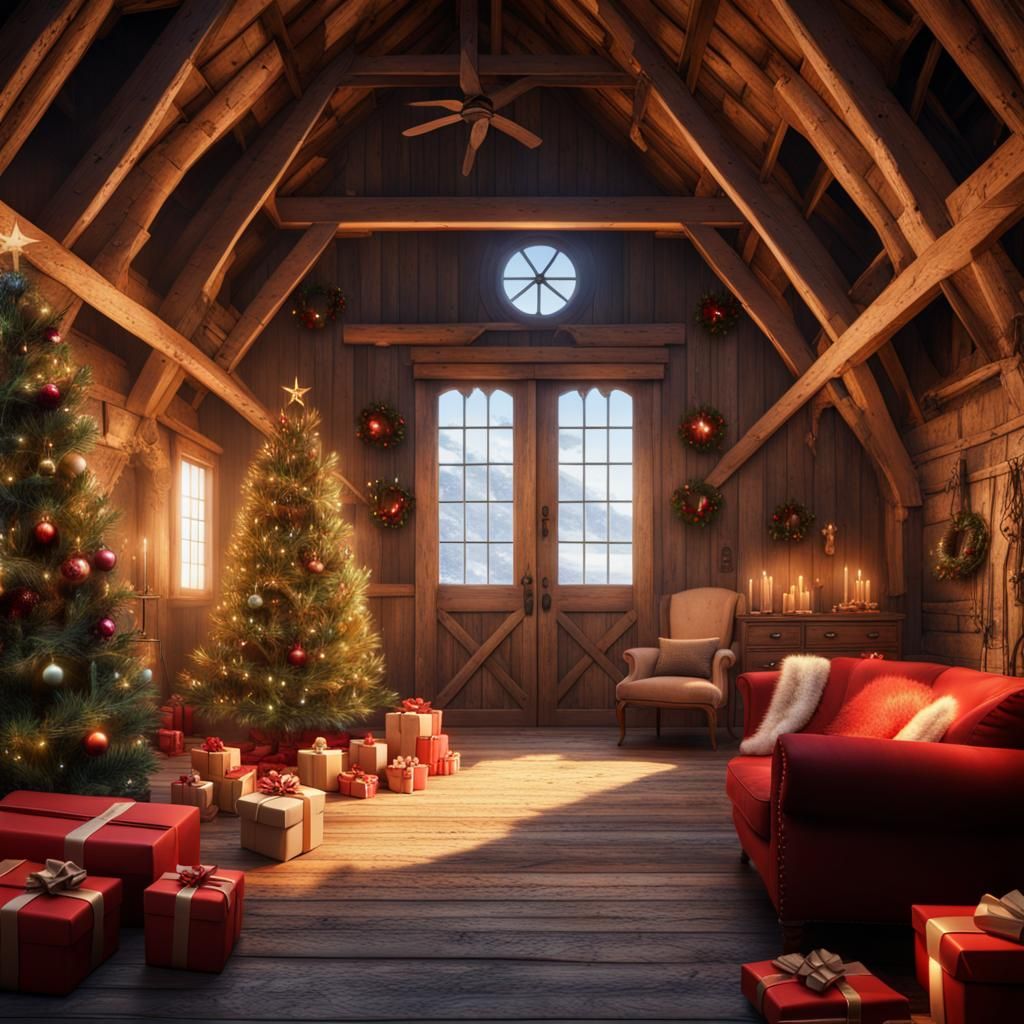 Christmas Decor in Old Barn: Fantasy Concept Art