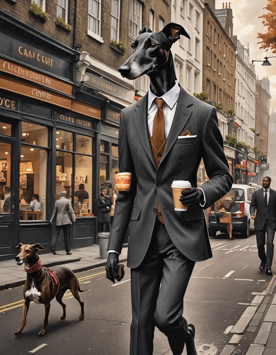 Dapper Greyhound Drinks Coffee in London: Concept Art