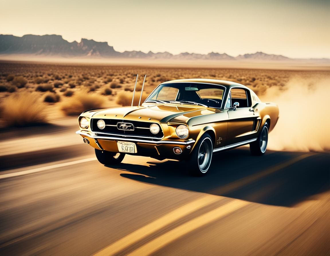 Golden Mustang Speeds Through Desert Highway