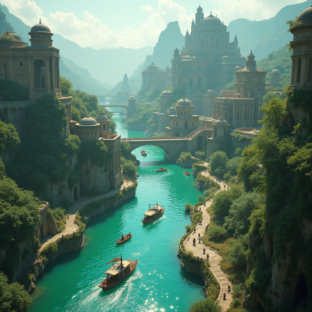 Majestic River City with Ancient Stone Structures