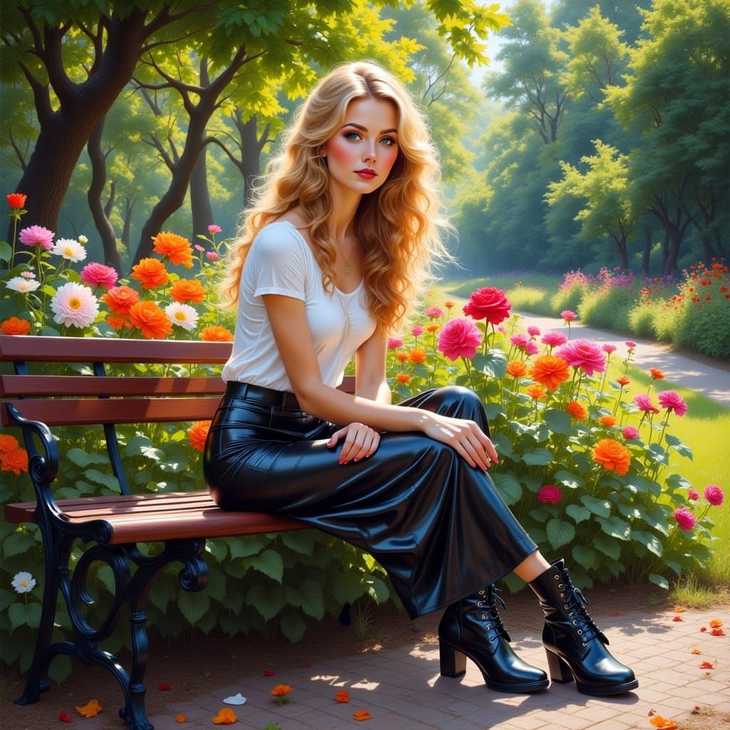 Woman on Park Bench in Impressionist Garden