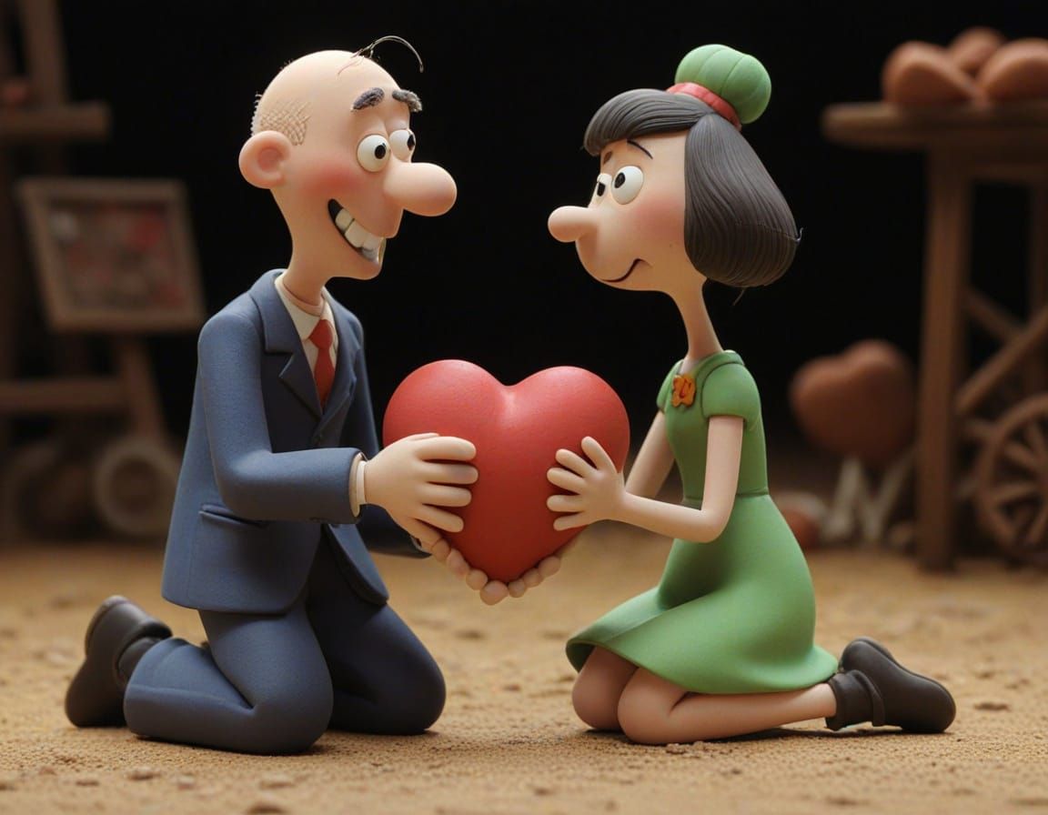 Claymation Boy Proposes with Heart in Dreamlike Scene