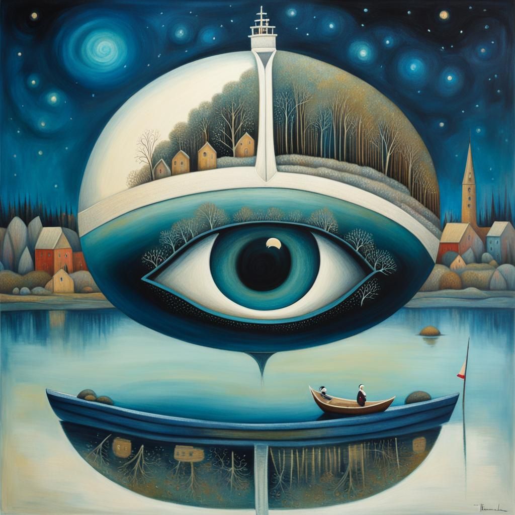 Peaceful River Scene in Art Brut Style