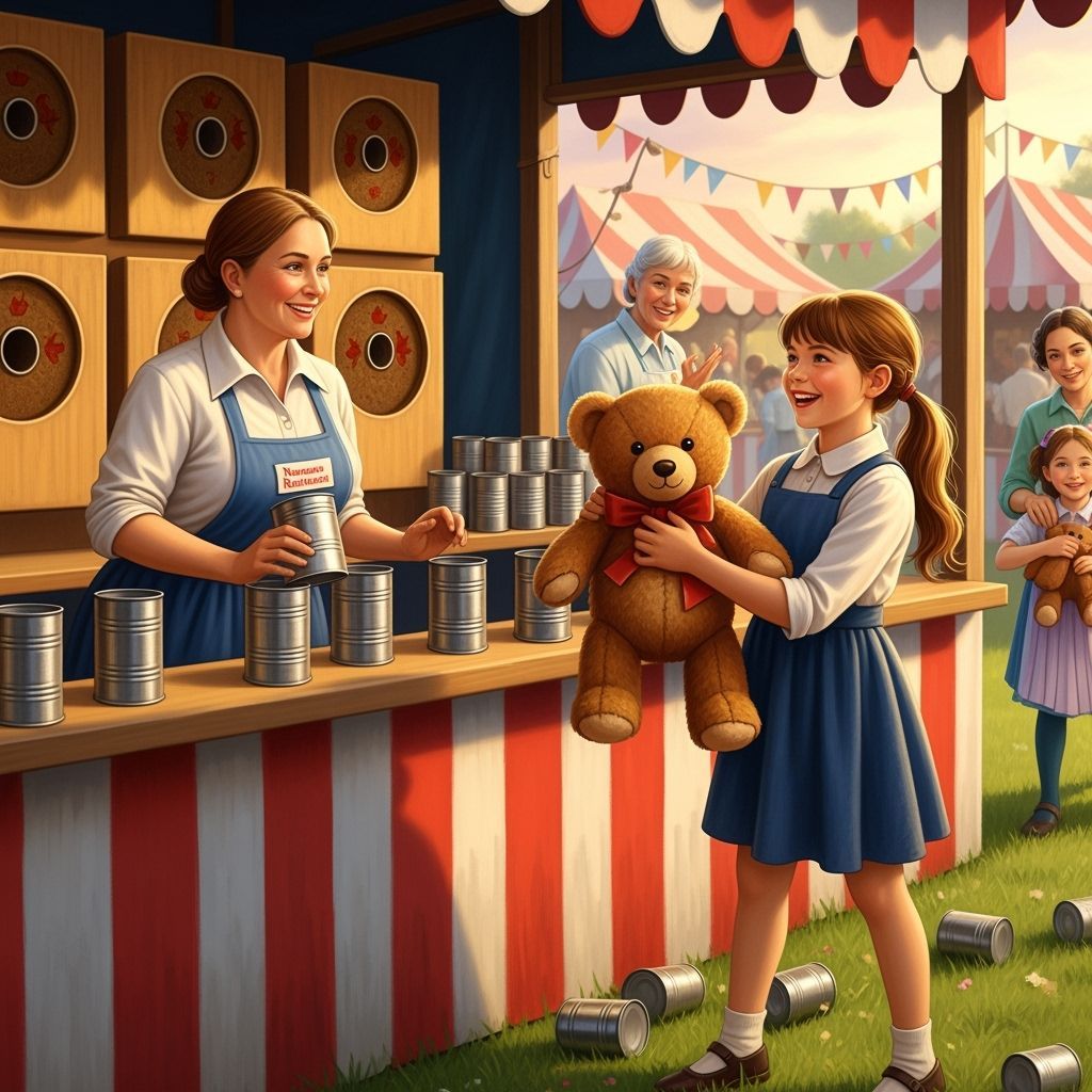 Girl Wins Teddy Bear at Vibrant Fair Game
