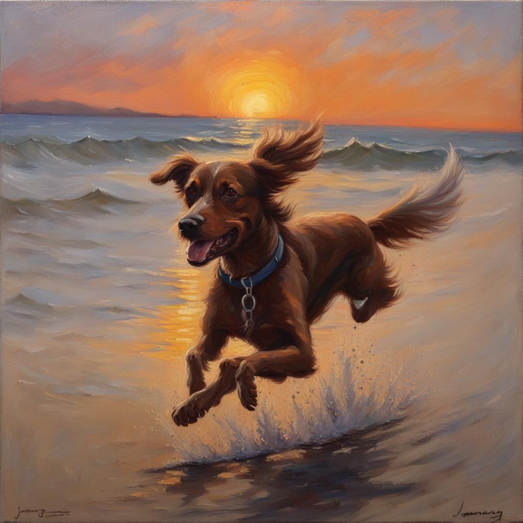 Dog Running at Sunset: Oil Painting