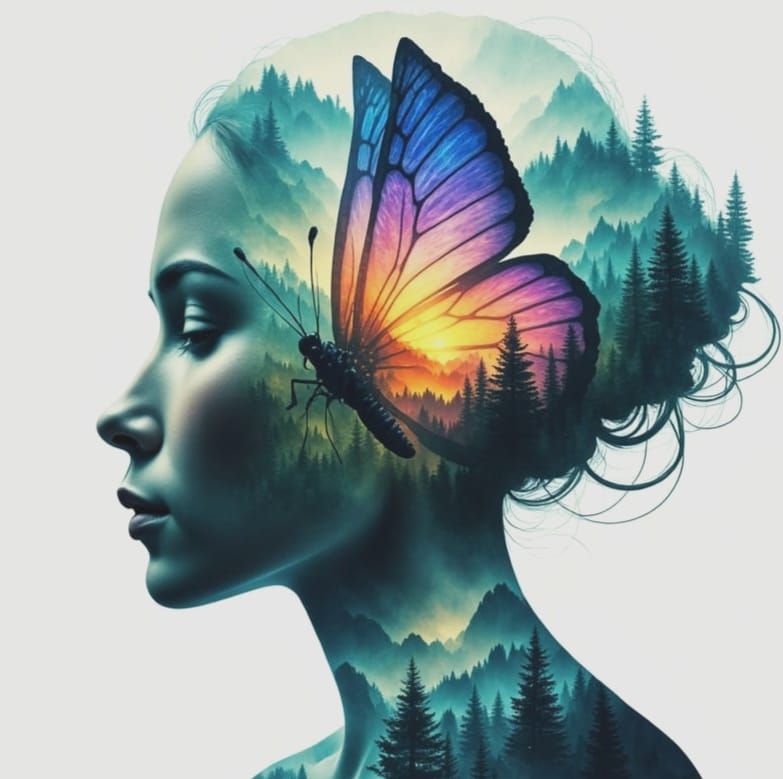 Colorful Butterfly Silhouette in Misty Forest Landscape