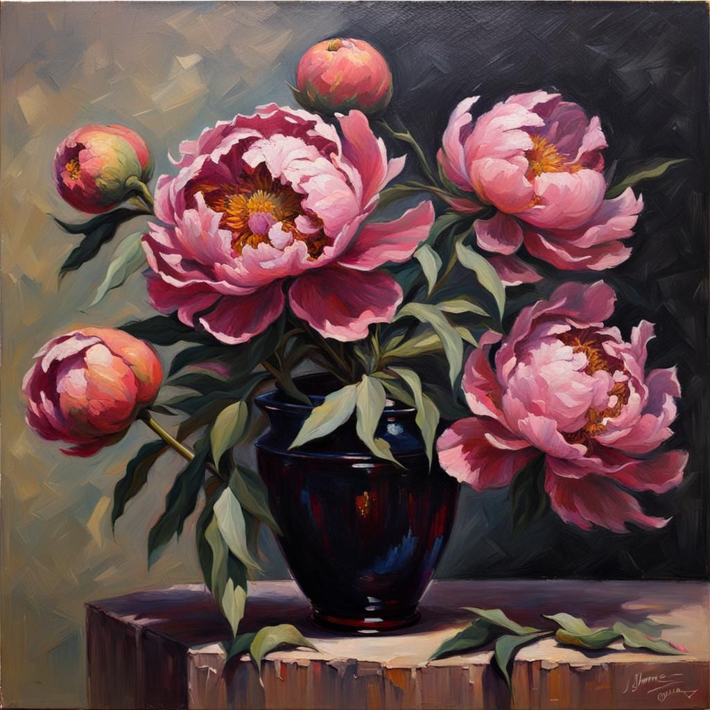 Black Peonies in Oil Painting Style