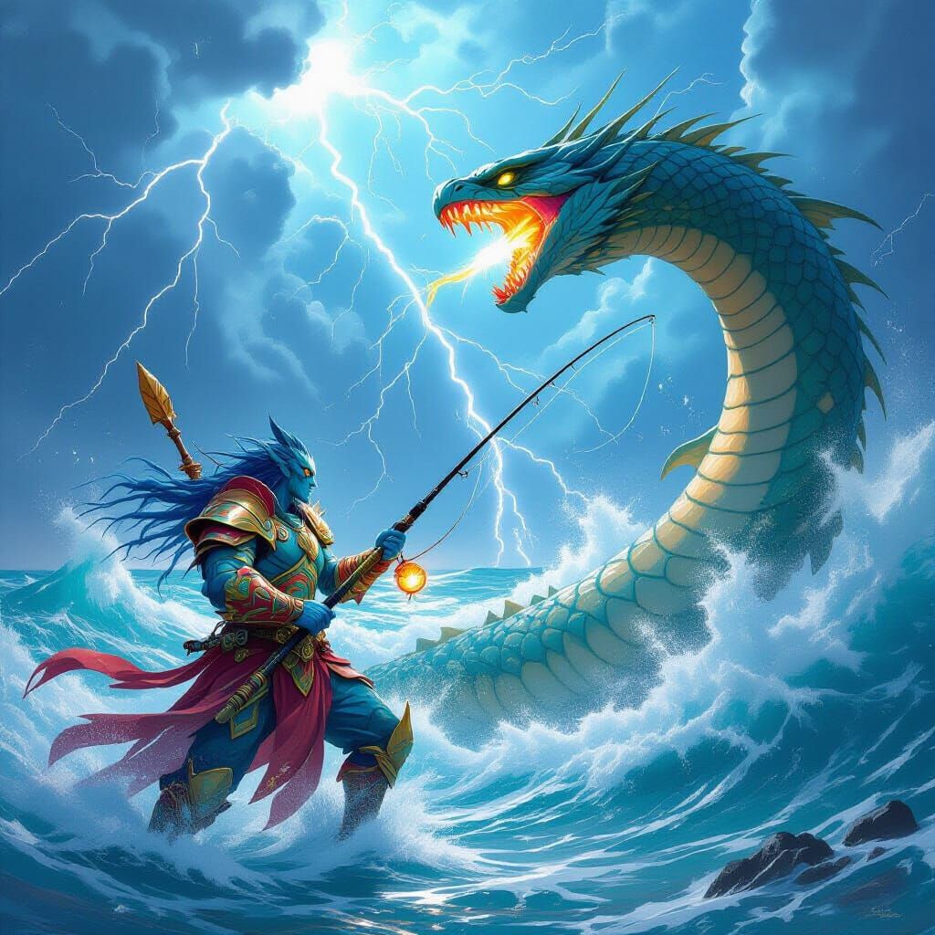 Fishlike Warrior Battles Sea Serpent in Stormy Fantasy Scene