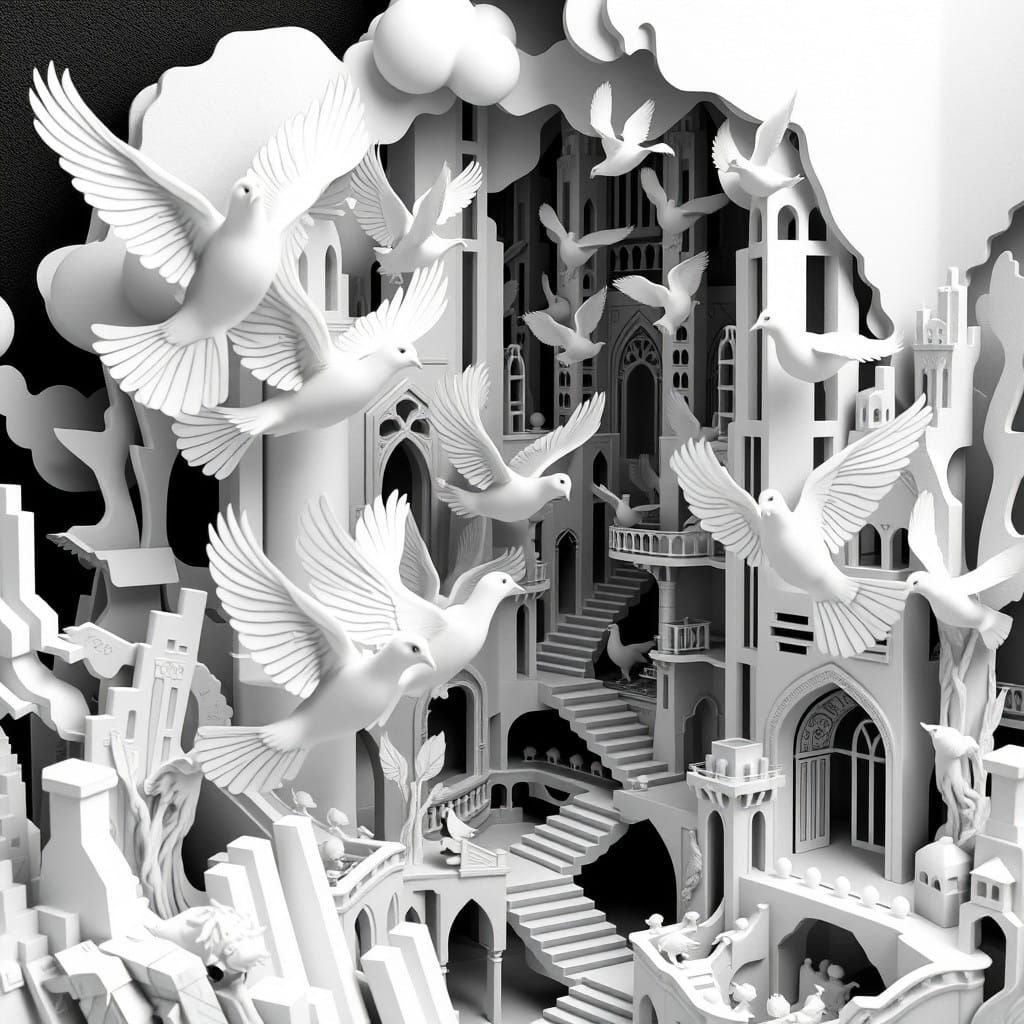 Paradoxical Doves in Impossible Black and White Architecture