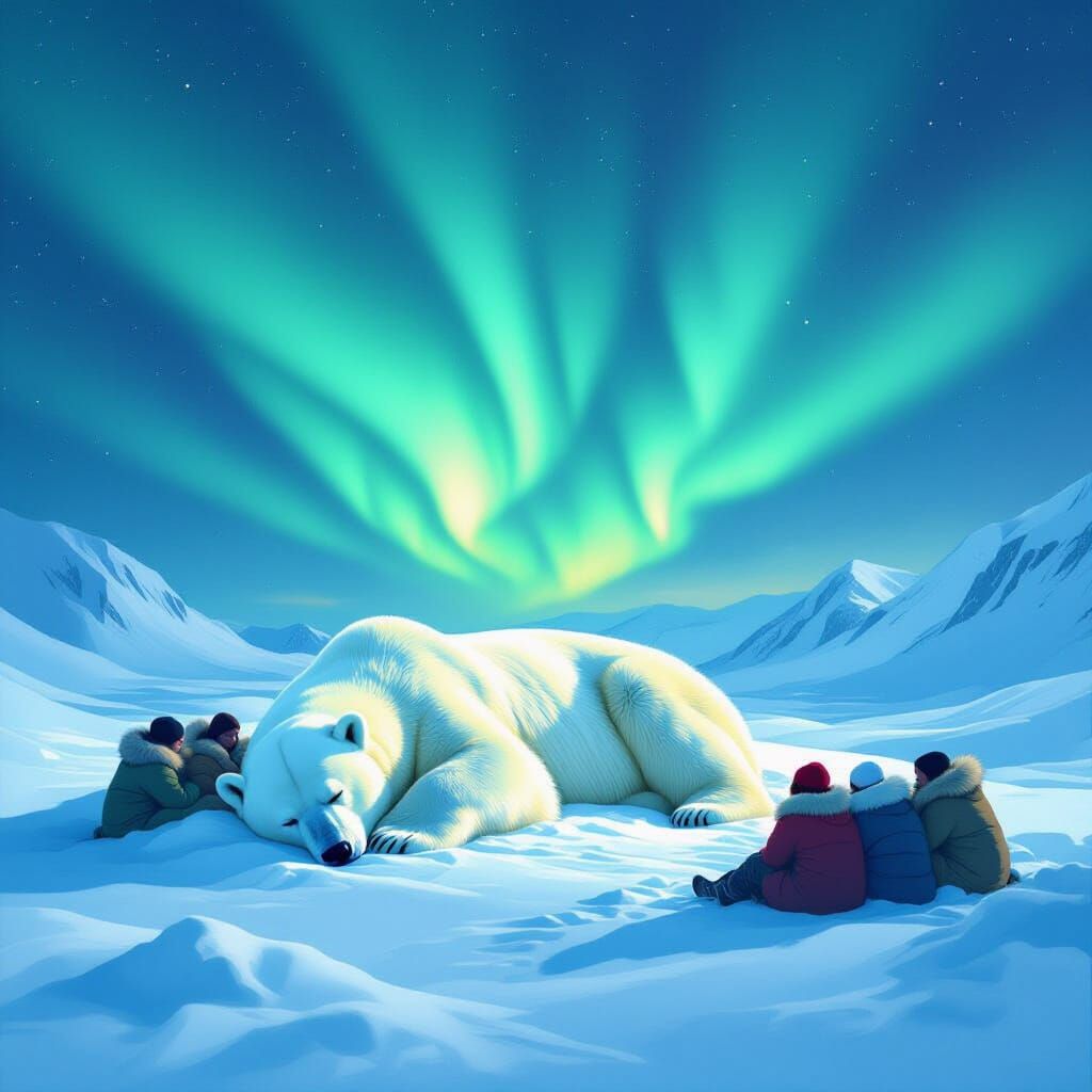 Polar Bear Warms Inuit Under Aurora Borealis