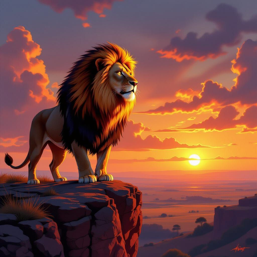 Fiery Lion Overlooking Savanna in Hyperrealistic Style