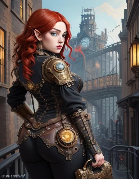 Curvy body, anime, woman, beautiful, red hair, vampire, gothic, elf, steampunk, street power, Gear tech, gaslamp fantasy...