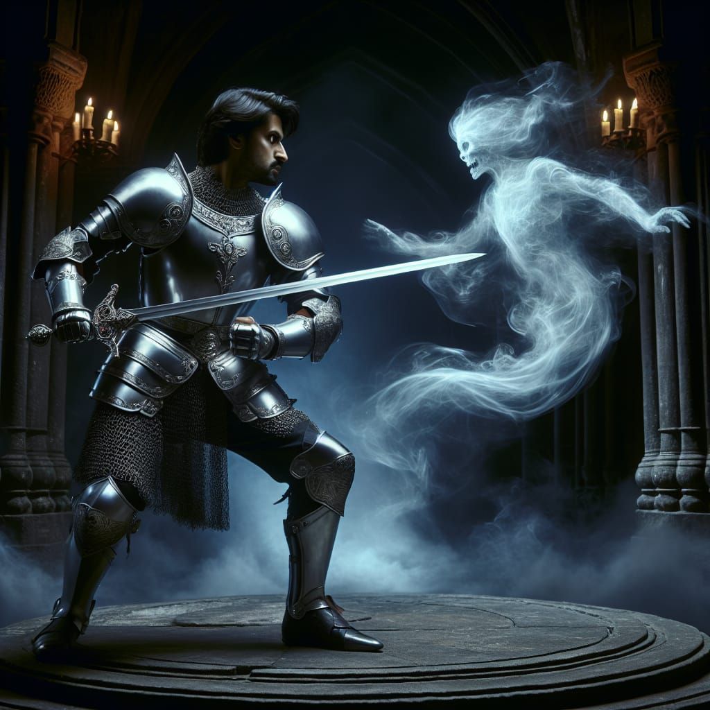 South Asian Knight Battles Ethereal Ghost in Ancient Ruins