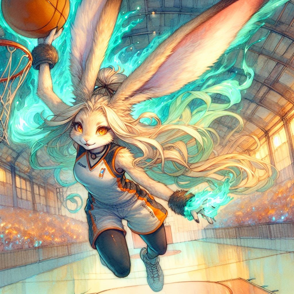 Feminine Rabbit Leaps to Dunk in Magical Basketball Scene