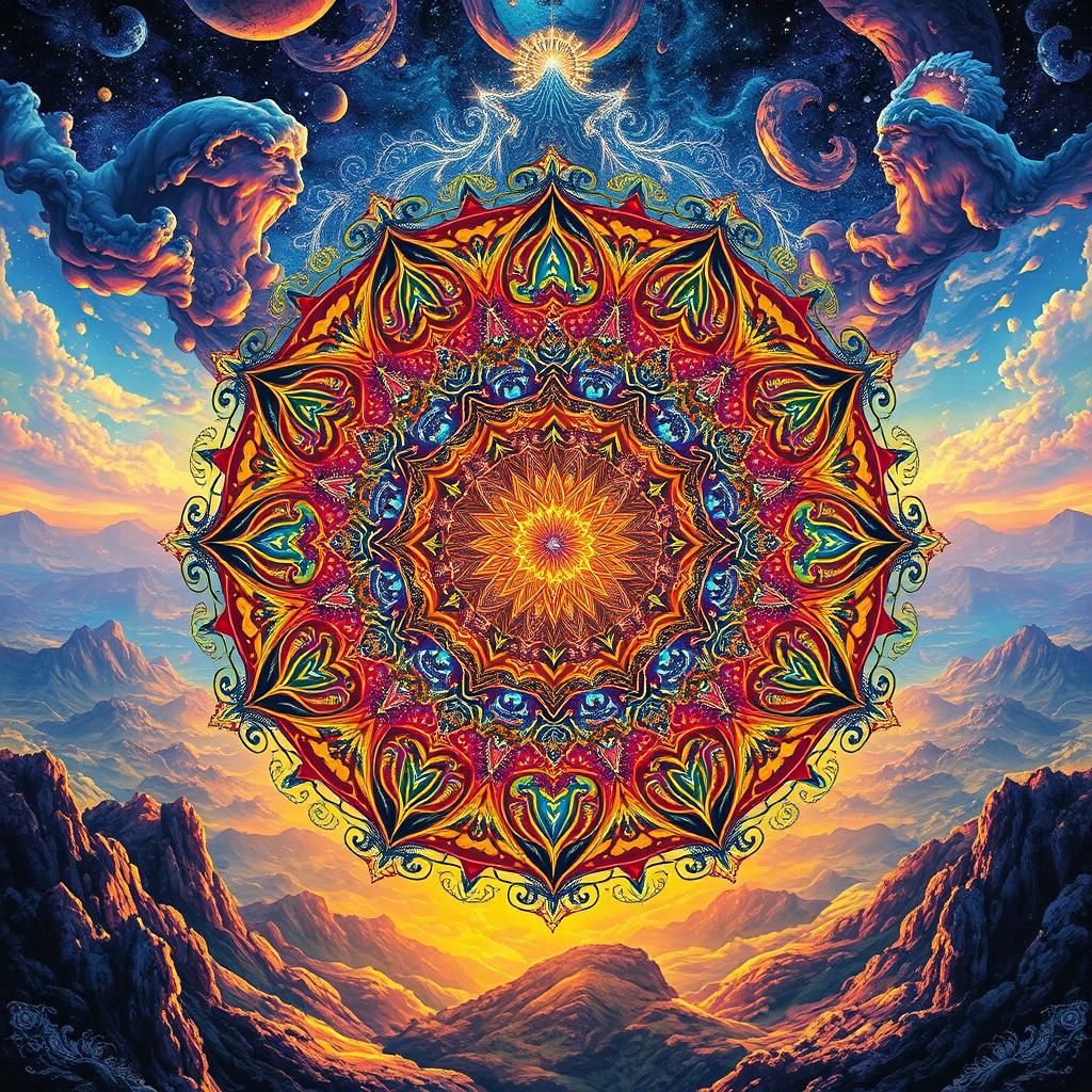 Dreamlike Mandala in Epic Fantasy Landscape