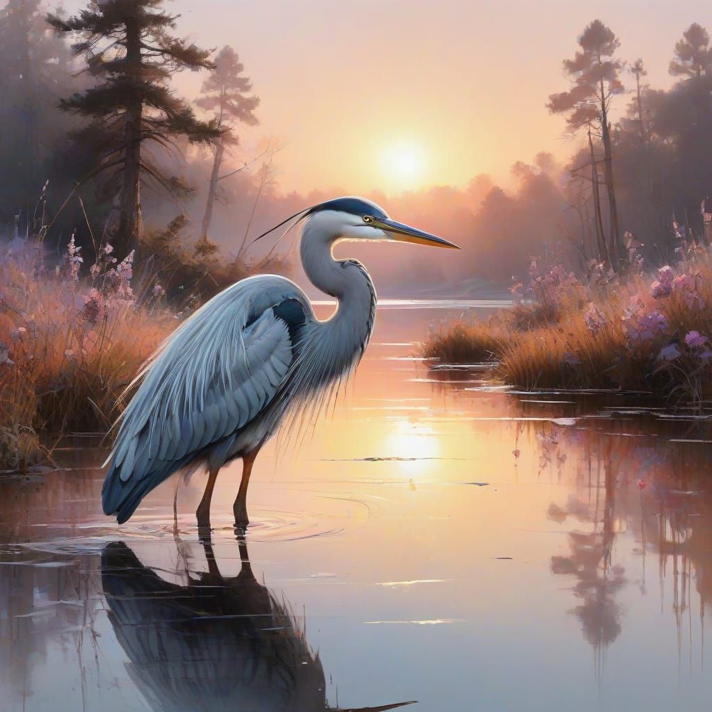 Whimsical Heron at Sunset in Vibrant Pastel Watercolor