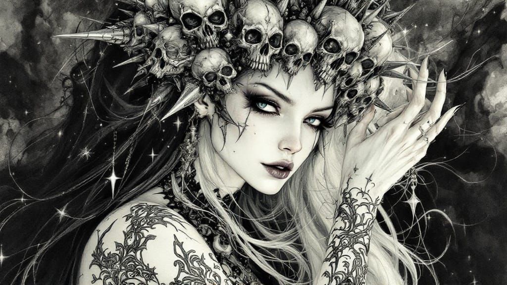 Ethereal Gothic Fantasy Woman in Lavish Skull Headdress