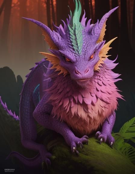 Dragon Emerges from Fruit in Misty Forest