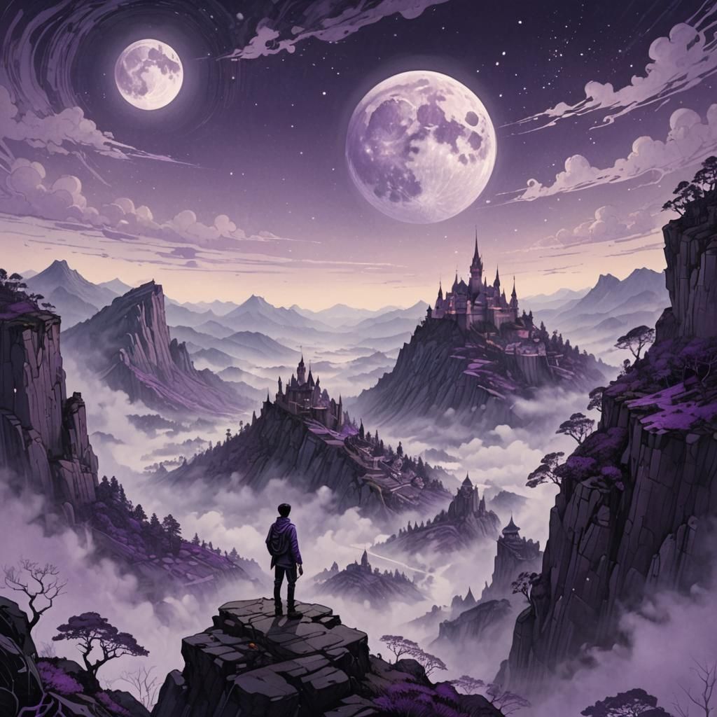 Purple Moonlit Fantasy Landscape in Pen and Ink Style
