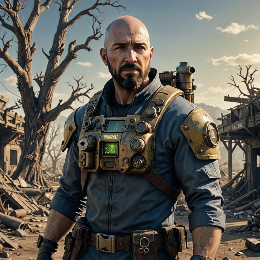 Wasteland Scientist with Pip-Boy in Apocalyptic Ruins