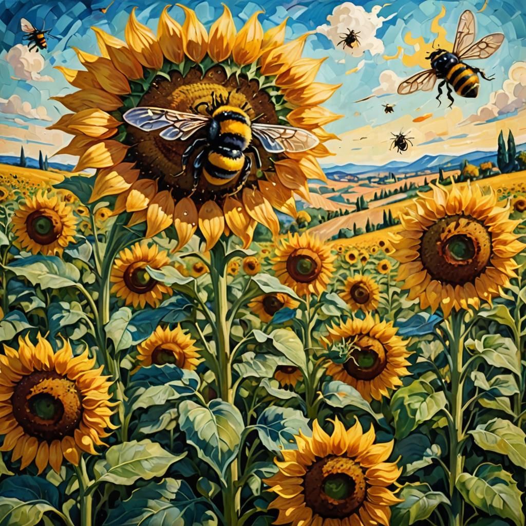Bumblebee Over Sunflower Field as Oil Painting