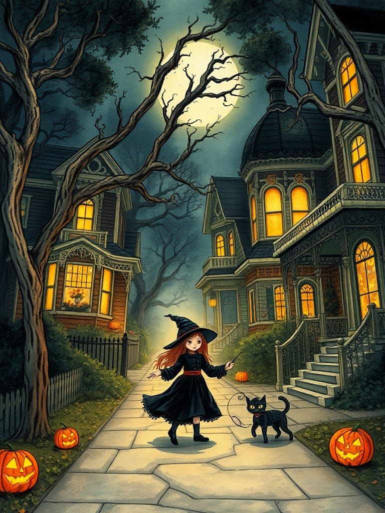 Enchanting Halloween Night: A Whimsical Ink Illustration