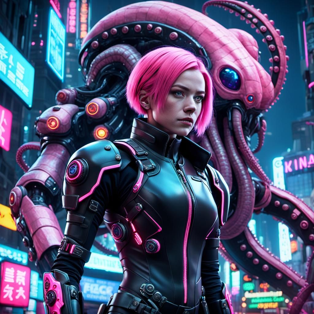 Cyberpunk Woman and Mechanical Octopus in Neon City