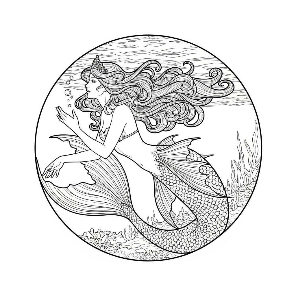 Mermaid in Classic Line Drawing Style with Tiara