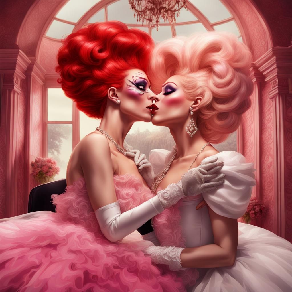 Drag Queens Kissing in Bed: Detailed Matte Painting