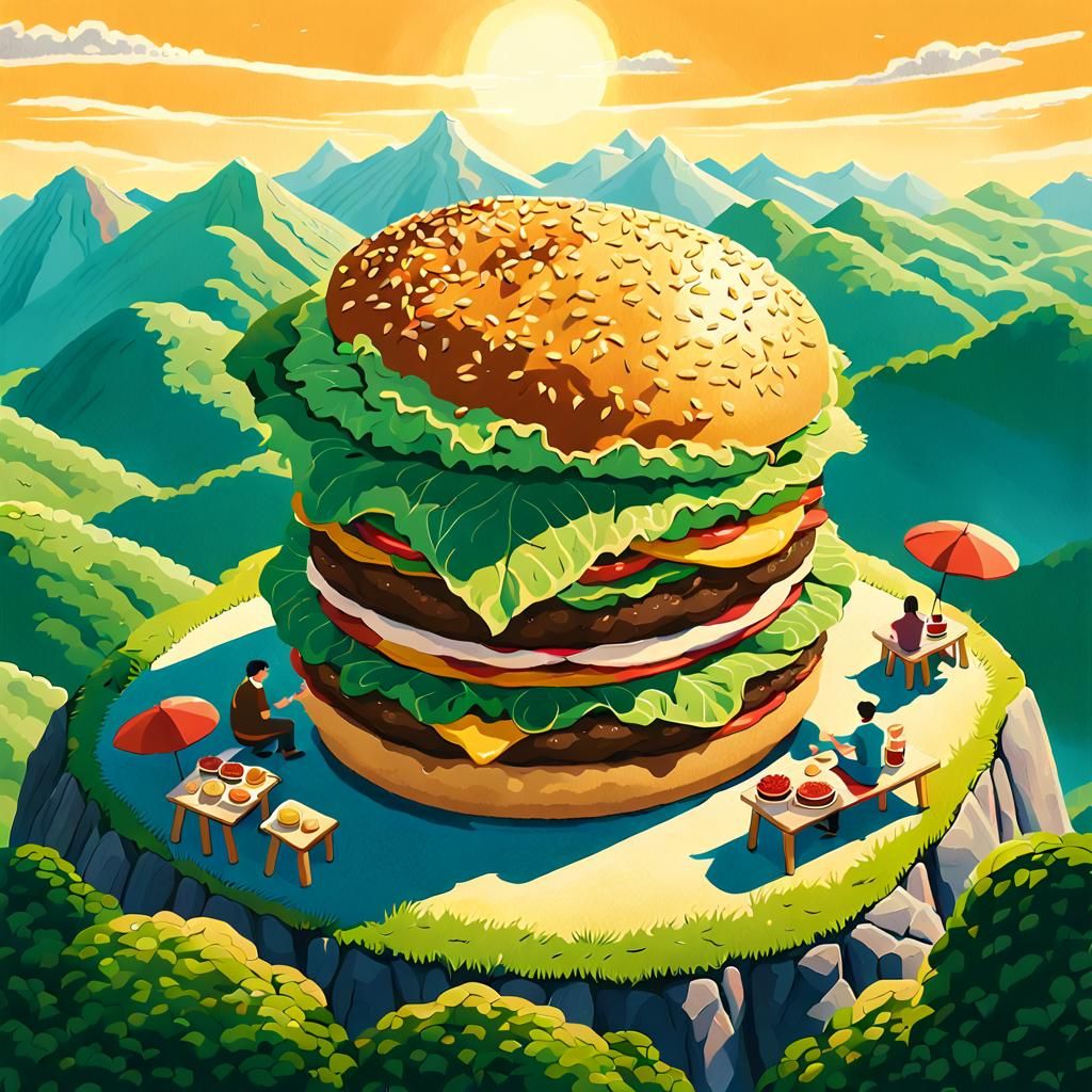 Colossal Hamburger Picnic on a Mountain, Miyazaki Style