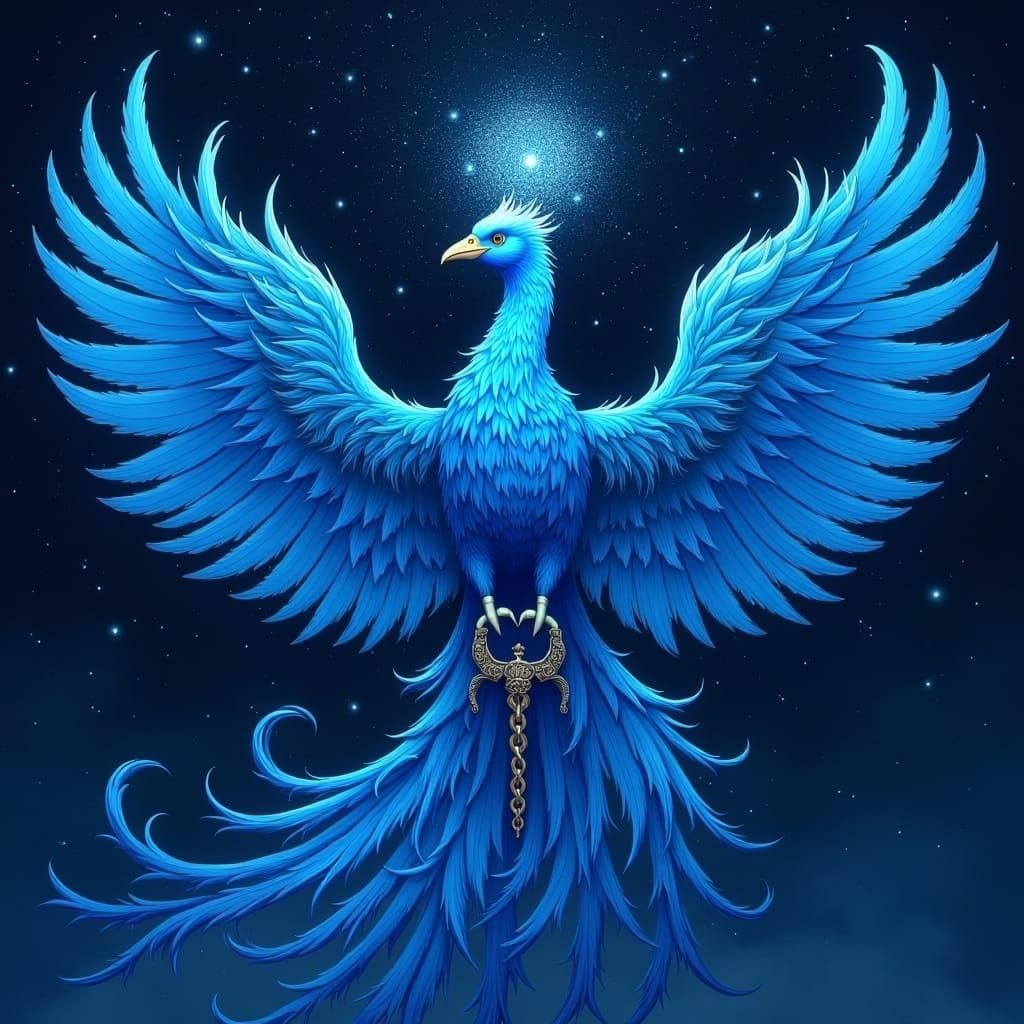 Blue Phoenix Rising Above Caduceus in Starlight