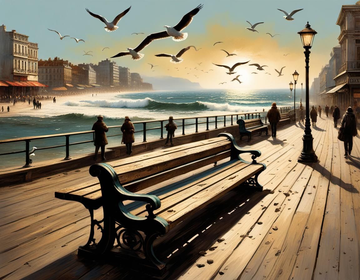 Empty Seaside Promenade in Watercolor Style