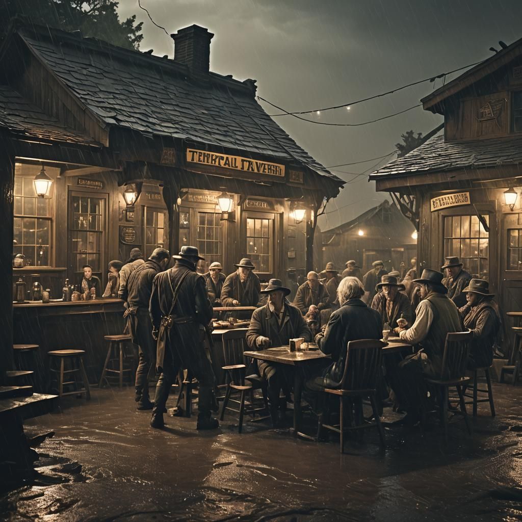 Temporal Tavern: Time Travelers in a Stormy Cinematic Scene