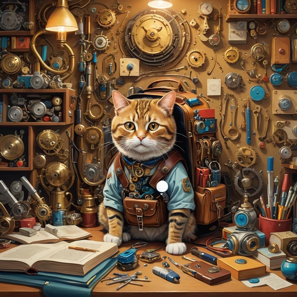 Intelligent Cat with Backpack in Surrealist Digital Art