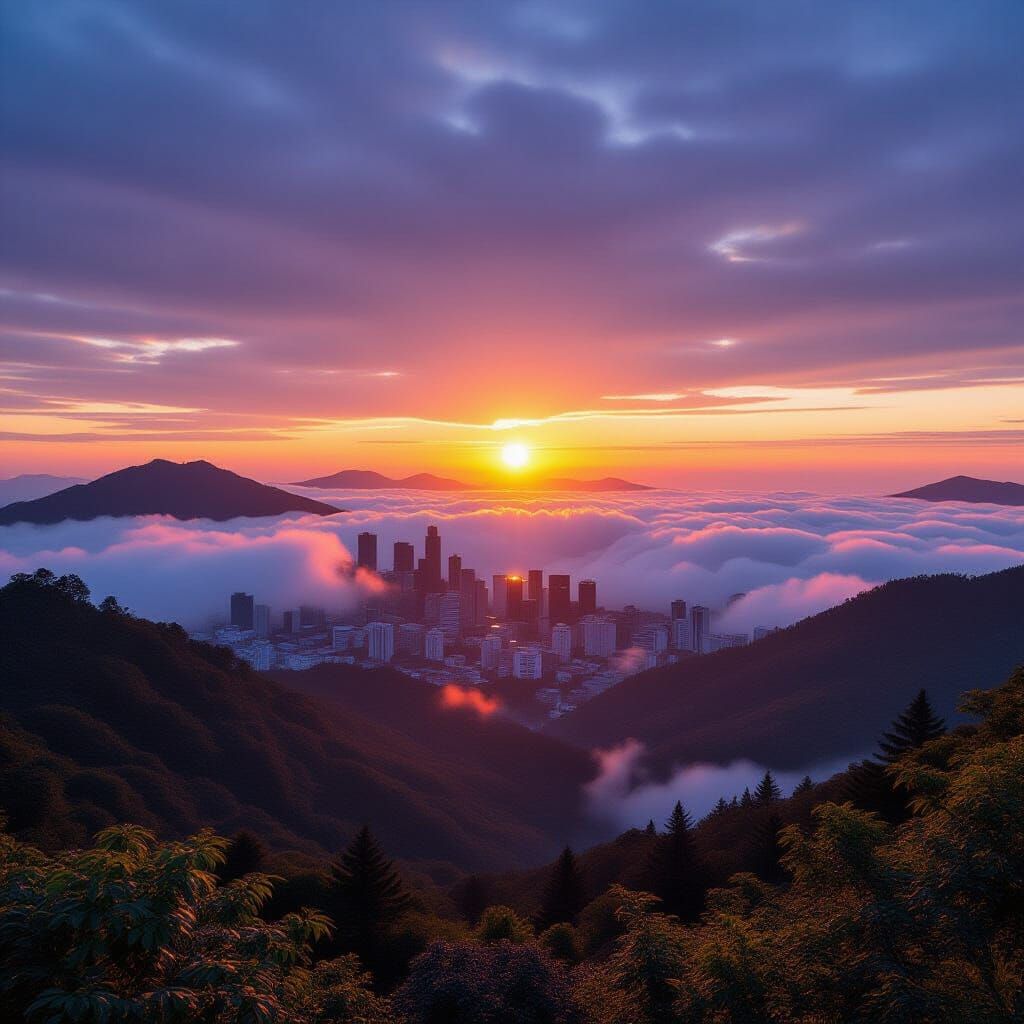 Majestic Mountain Sunset Over City and Forest