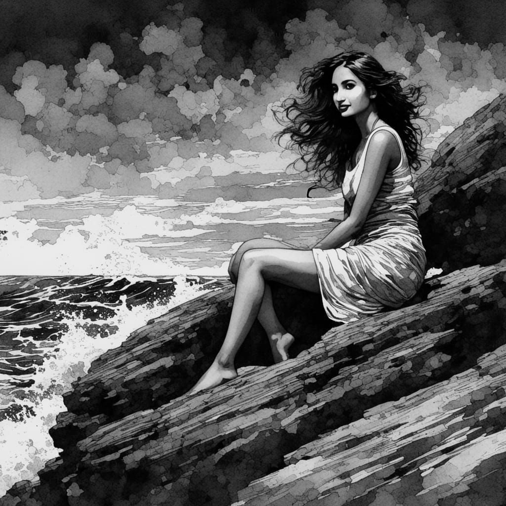 High Contrast Ink Drawing of Woman by Sea