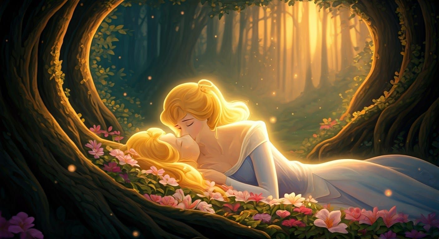 Sleeping Beauty Kissed by Prince in Dreamy Forest