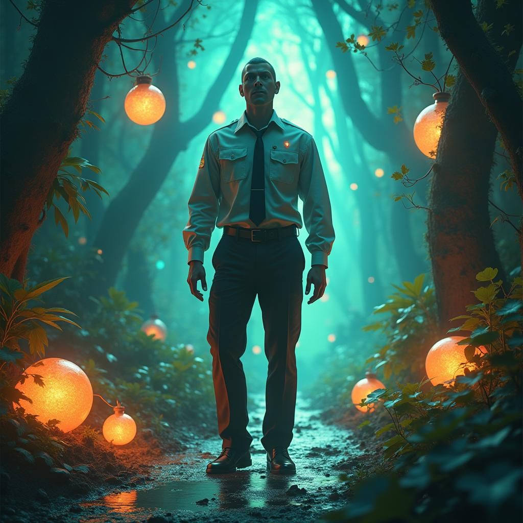 Startled Janitor in Mystical Fantasy Environment