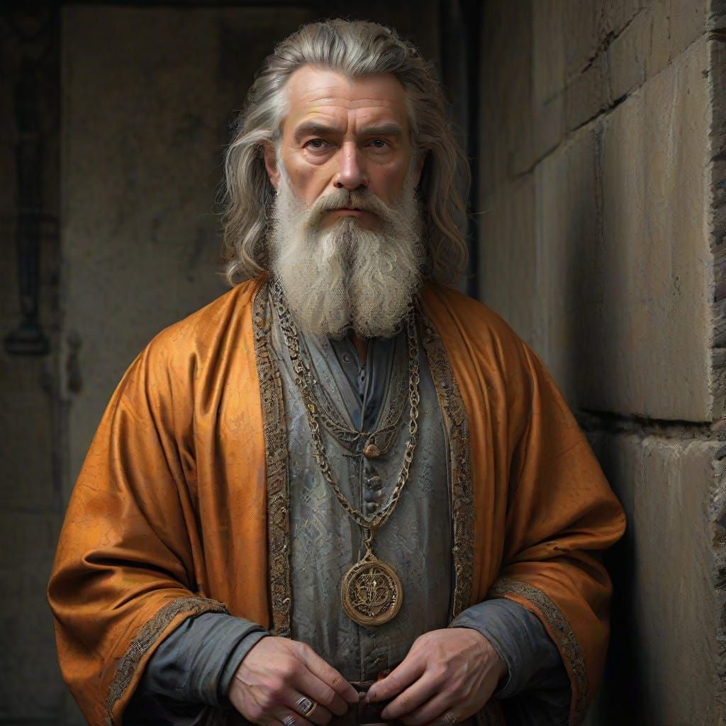 Medieval Scholar on Quayside in Earthy Tones