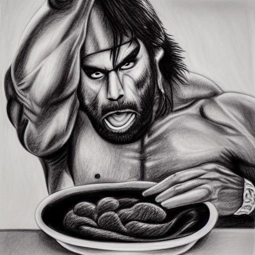 Hyperdetailed Charcoal Drawing: Macho Man Eating a Hotdog