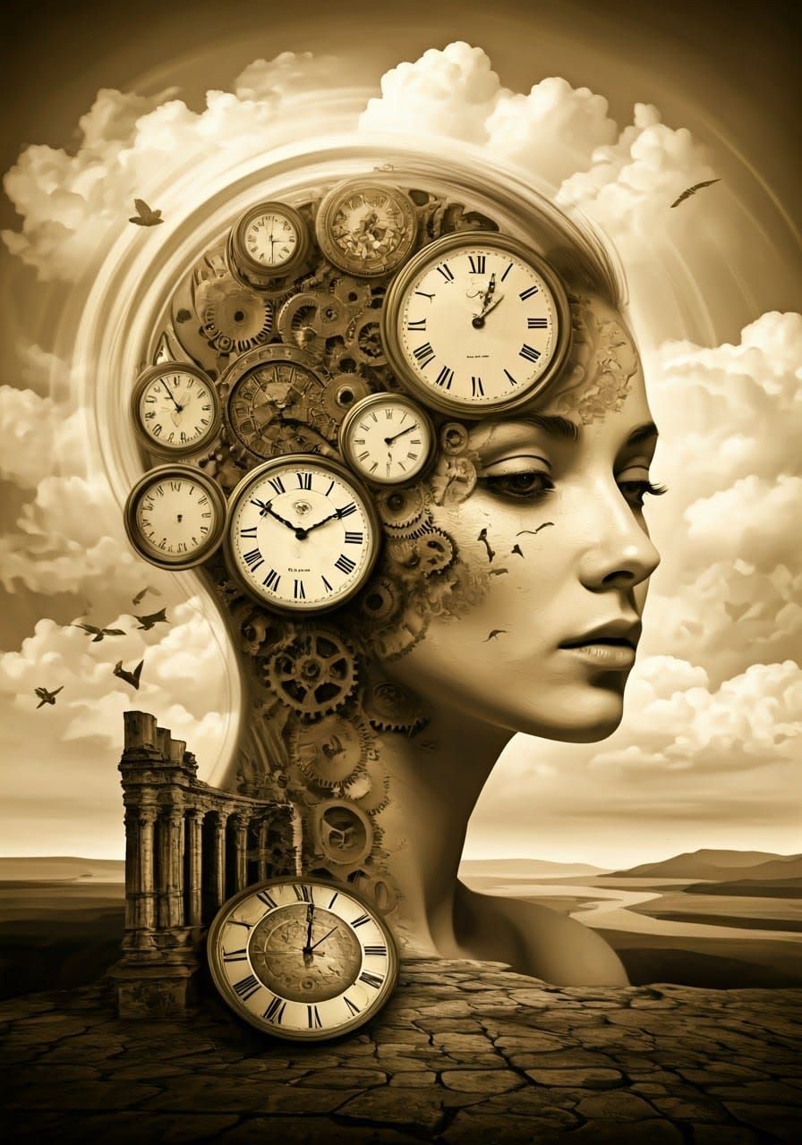 Surreal Time: Woman in a Clockwork Dreamscape