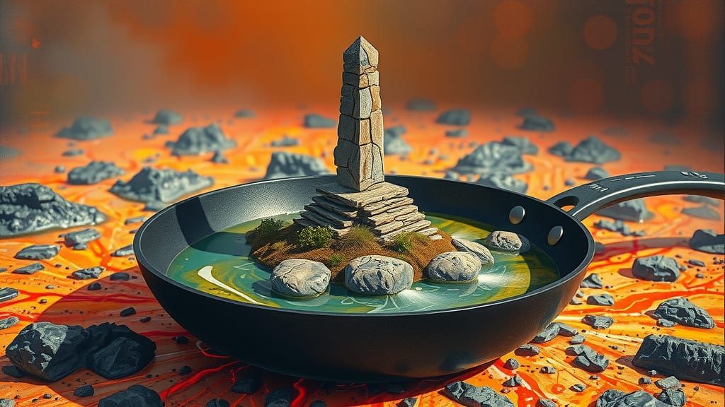 Miniature Landscape with Stone Obelisk in Frying Pan