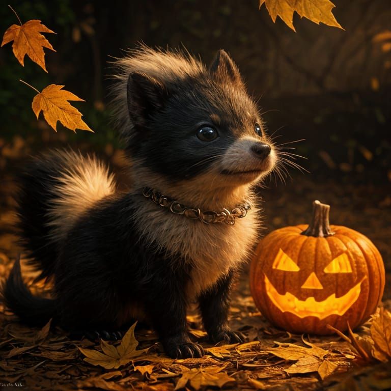 Cute Skunk Emerges From Autumn Leaves With Fireflies