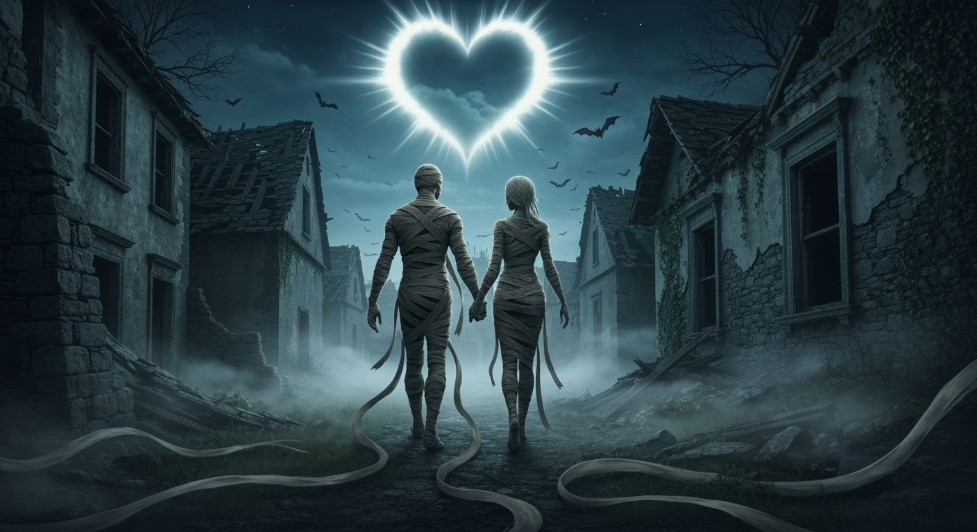 Eternal Mummies Embrace in Moonlit Abandoned Village