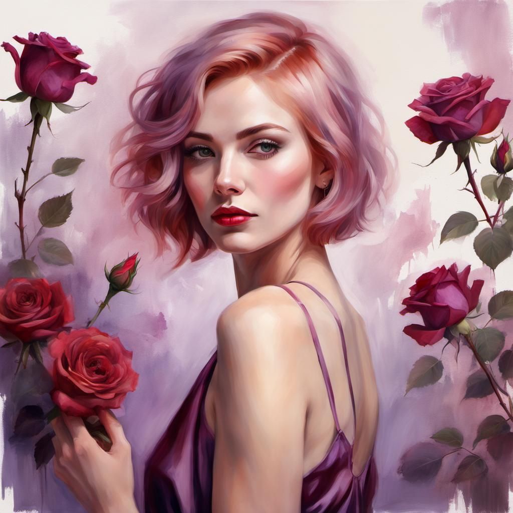 Beautiful Woman with Roses in Digital Painting