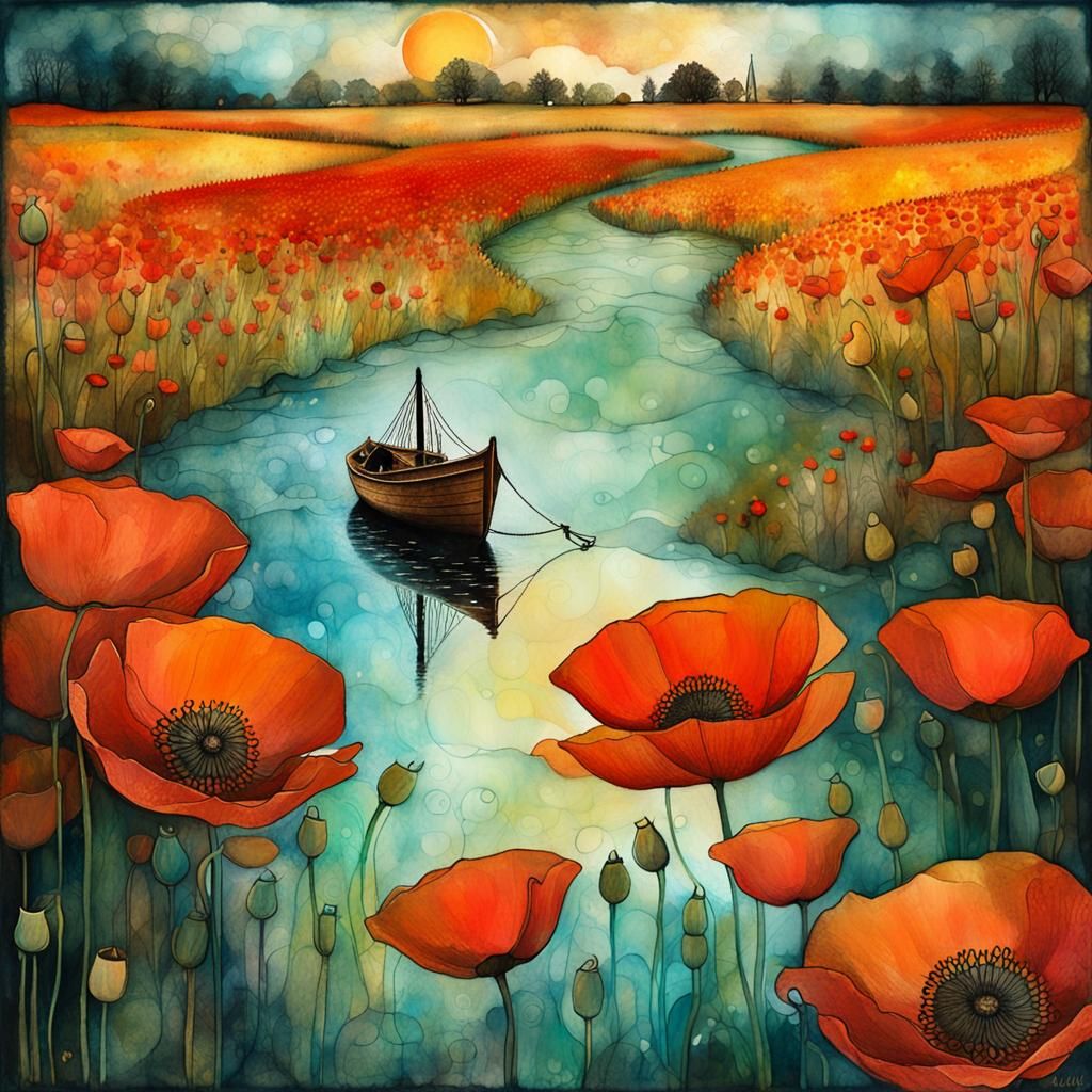 Poppy Field Sunset: Double Exposure Watercolor Illustration