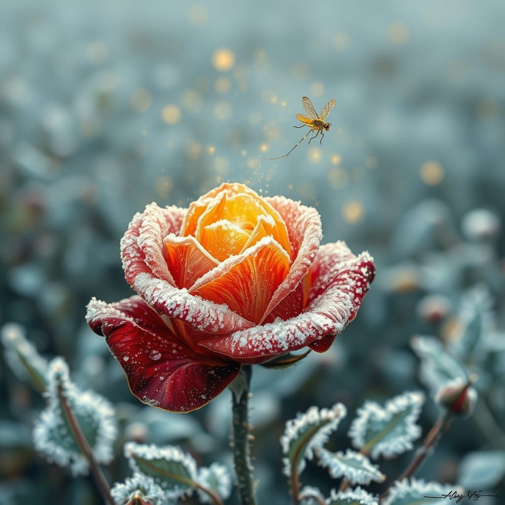 Golden Rose in Winter Frost, with Tiny Firefly and Lakeside ...