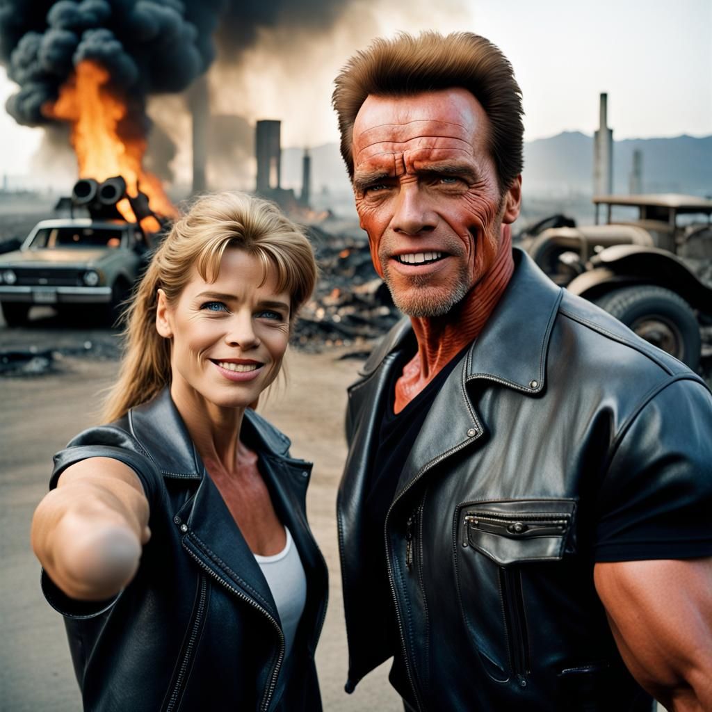 Linda Hamilton Selfie with Terminator in Burning Factory